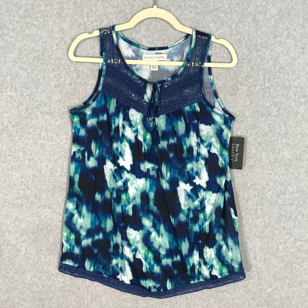 New York Laundry Shirt Womens Small Blue Tank Top Tie Dye Crochet Lace Tasseled